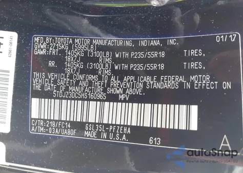 2017 Toyota Sienna Le 7 Passenger z USA, uszkodzony, nr VIN 5TDJZ3DC5HS160965